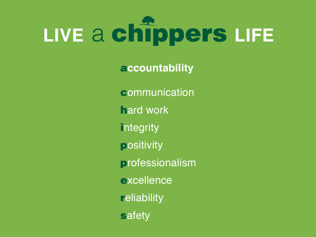 Graphic expressing 'LIVE a chippers LIFE' core values.