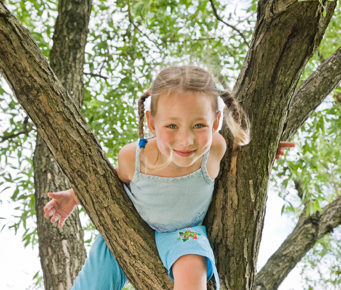 A young girl smiles from her perch in a tree.