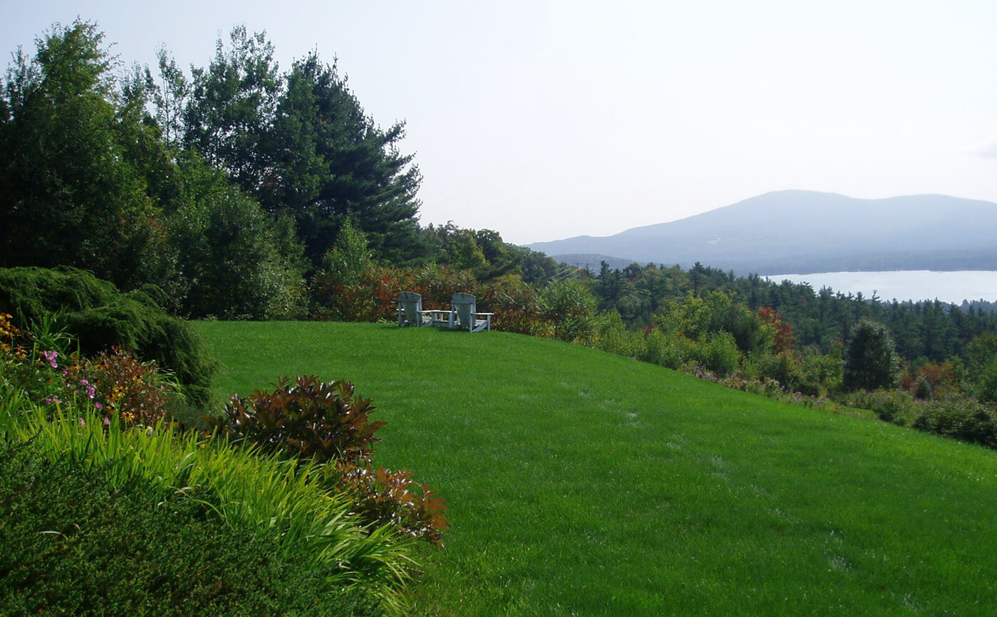 View from a yard of a lake and mountain opened up by enhancing the land.