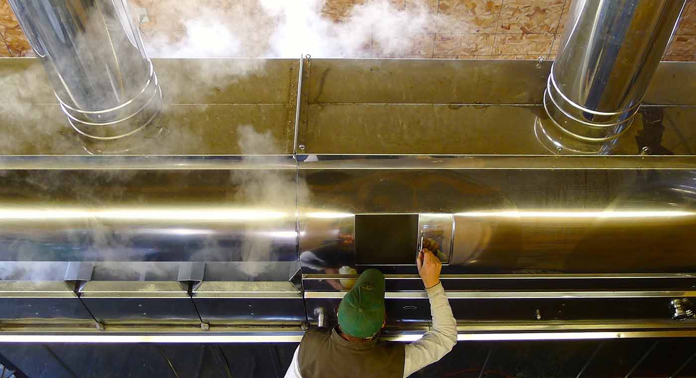 Evaporating sap from maple trees to make syrup.